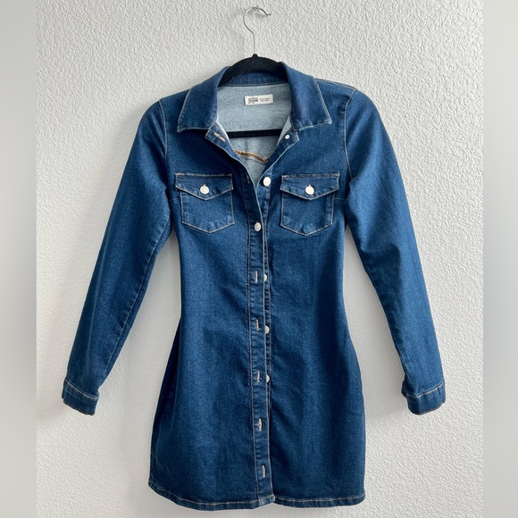 ZARA Authentic Denim Dress Shirt Mini Button-up Long-sleeve Navy Blue XS - Picture 5 of 7